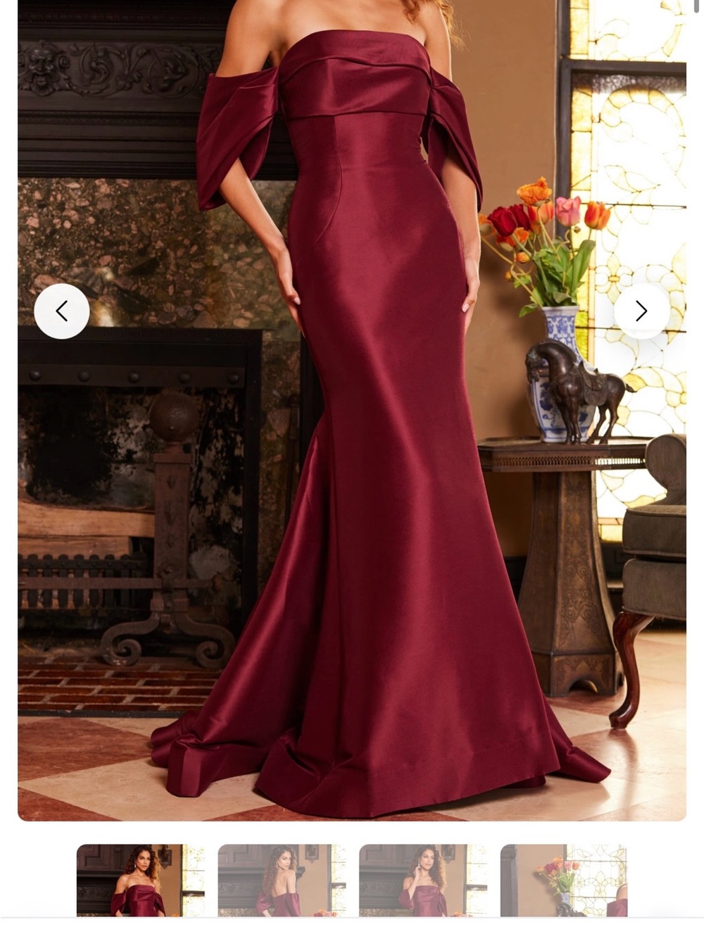 Jovani Burgundy One-Shoulder Satin Evening Gown